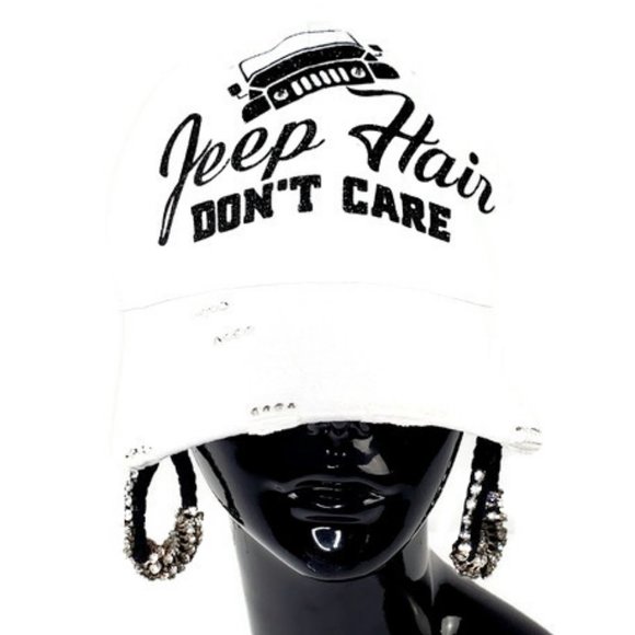 Jeep Hair Don't Care White Distressed Cap with Swarovski Crystals. - Picture 3 of 3